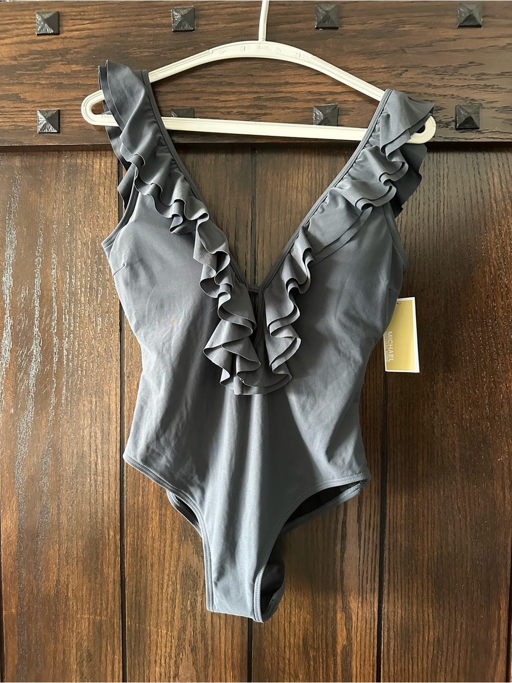 Michael Kors Gray Ruffle V-Neck One-Piece Bodysuit